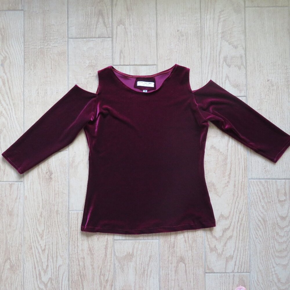Velvet Cold Shoulder Women's Blouse 3/4 Sleeve Size S Burgundy Color